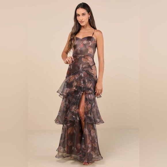LULU'S EXQUISITE FINESSE FLORAL ORGANZA RUFFLED MAXI DRESS
